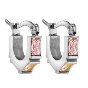 Silberne Creolen mit rosa und goldfarbenen Steinen von PURELEI, elegant und modern.